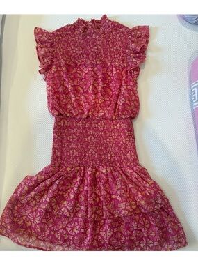 Aqua Pink Patterned Smocked Ruffle Dress for Kids